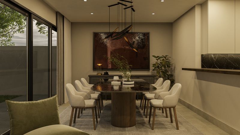 Render del comedor abierto al jardín
