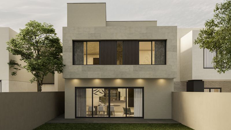 Render de la fachada posterior hacia el jardín