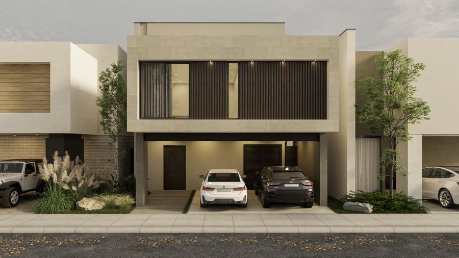 Render de la fachada Travertino de Casas Arboledas