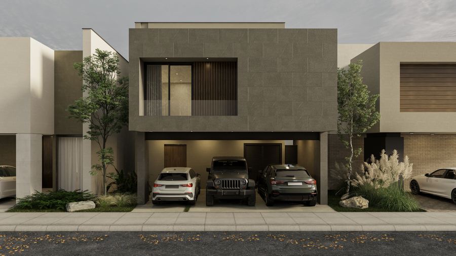 Render de la fachada Volcánica, en piedra oscura con balcón
